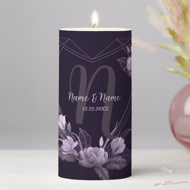Wedding Party Monogram Purple Floral Violet Pillar Candle (In Situ)
