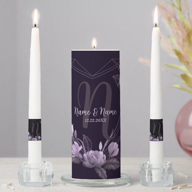 Wedding Party Monogram Purple Floral Violet Unity Candle Set (In Situ)