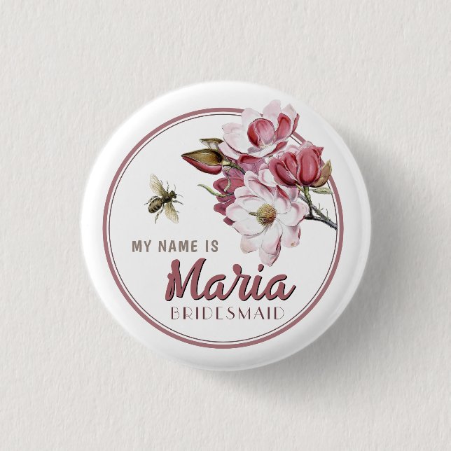 Wedding Party Name Tag Flower Bridesmaid Button (Front)