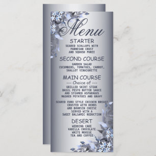 Wedding Party Navy Blue Floral Silver Dinner Menu