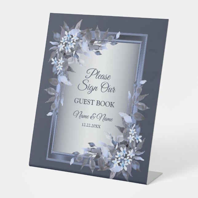 Wedding Party Navy Blue Floral Silver Gray Elegant Pedestal Sign (Front)