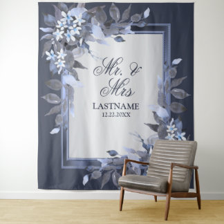 Wedding Party Navy Blue Floral Silver Gray Modern Tapestry
