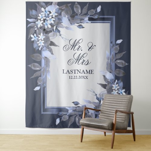 Wedding Party Navy Blue Floral Silver Gray Modern Tapestry