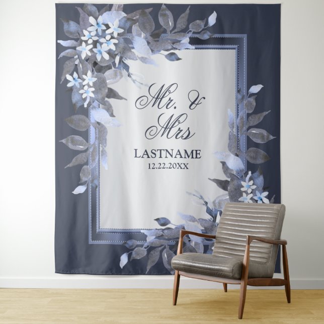 Wedding Party Navy Blue Floral Silver Gray Modern Tapestry (In Situ)