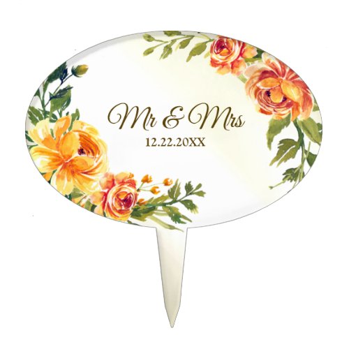 Wedding Party Orange Yellow Red Floral Greenery Cake Topper