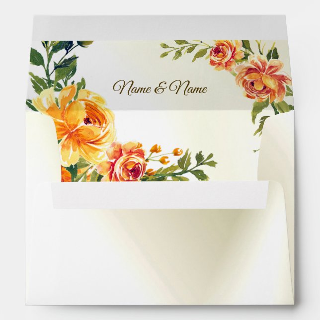 Wedding Party Orange Yellow Red Floral Greenery Envelope (Back (Bottom))