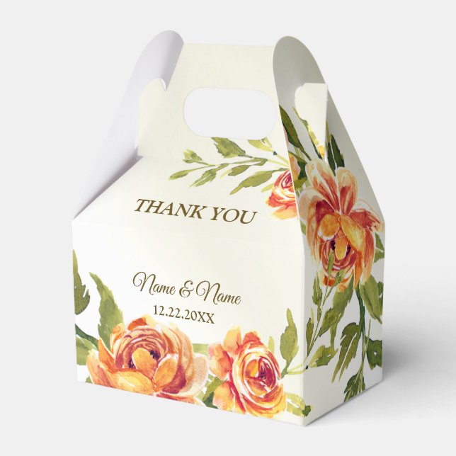 Wedding Party Orange Yellow Red Floral Greenery Favor Boxes (Front Side)