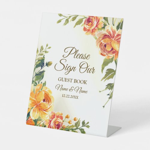 Wedding Party Orange Yellow Red Floral Greenery Pedestal Sign