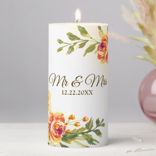 Wedding Party Orange Yellow Red Floral Greenery Pillar Candle