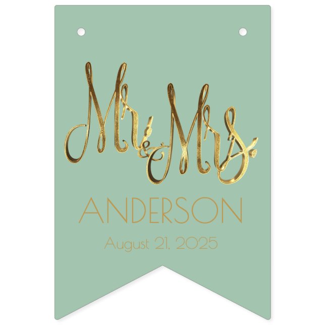 Wedding Party Pale Mint Green and Faux Gold Foil Bunting Flags (First Flag)