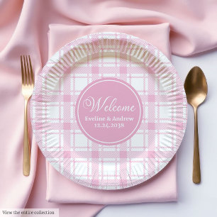 Wedding Party Paper Plates Pink Plaid Custom Name