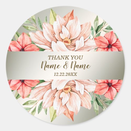  Wedding Party Peach Orange Floral Leaves Rustic Classic Round Sticker