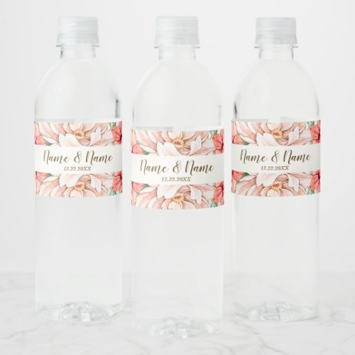 Wedding Party Peach Orange Floral Leaves Rustic Water Bottle Label