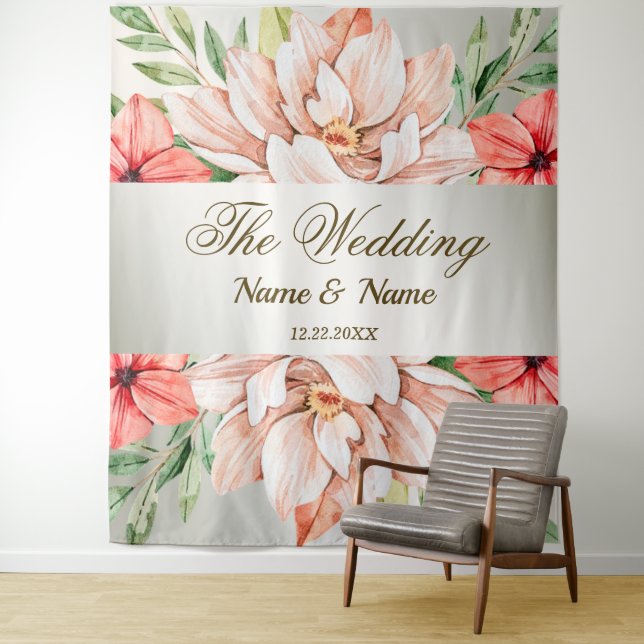Wedding Party Peach Orange Flowers Leaves Rustic Tapestry (In Situ)