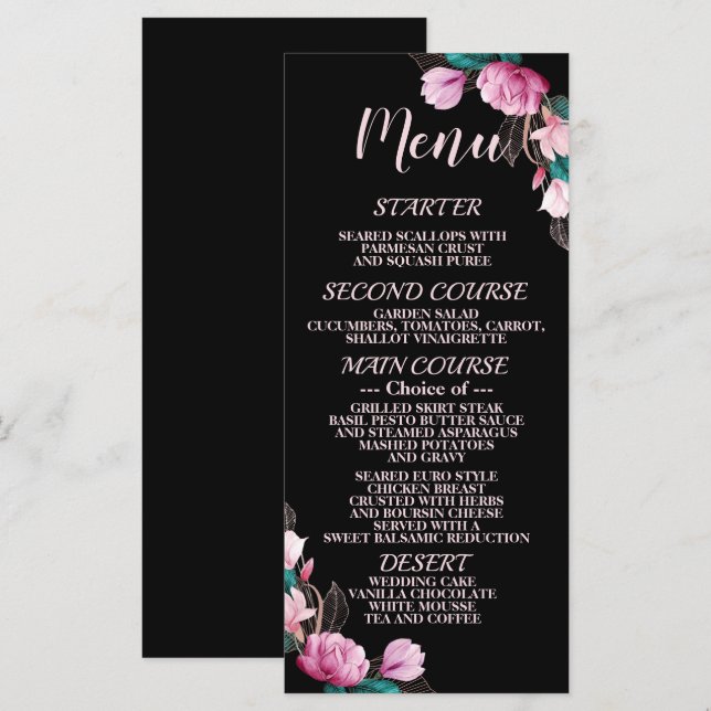 Wedding Party Pink Floral Black Elegant Rustic Menu (Front/Back)
