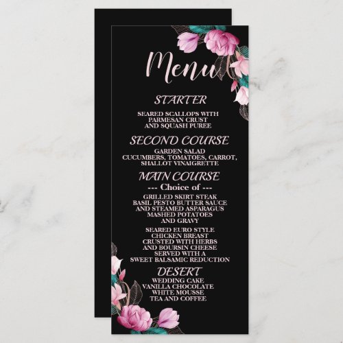 Wedding PartyPink Floral Black Elegant Rustic Menu