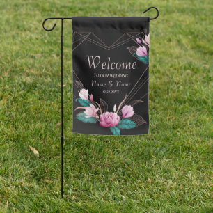 Wedding Party Pink Floral Geometric Frame Black Garden Flag
