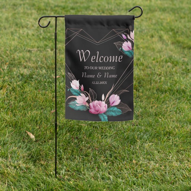 Wedding Party Pink Floral Geometric Frame Black Garden Flag (In SItu)