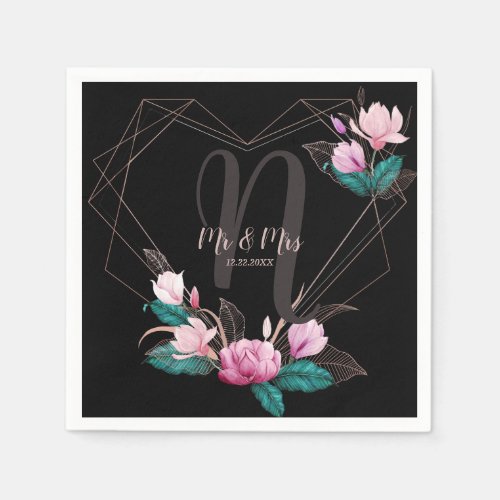 Wedding PartyPink Floral Geometric Frame Black Napkins