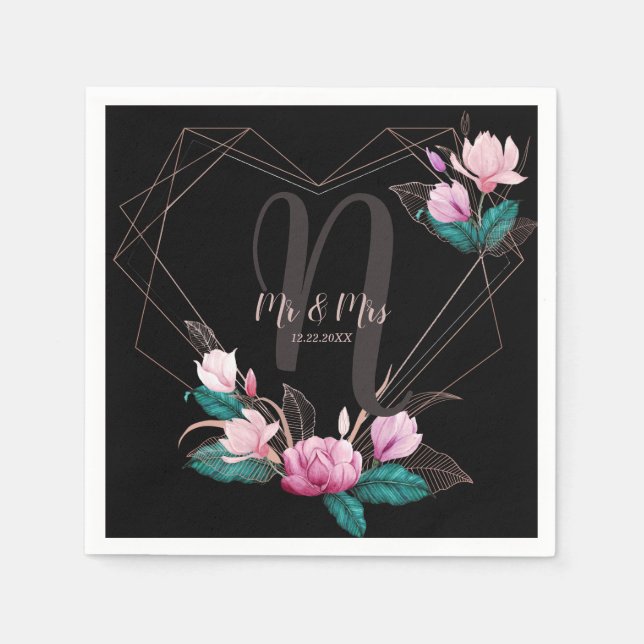 Wedding Party Pink Floral Geometric Frame Black Napkins (Front)