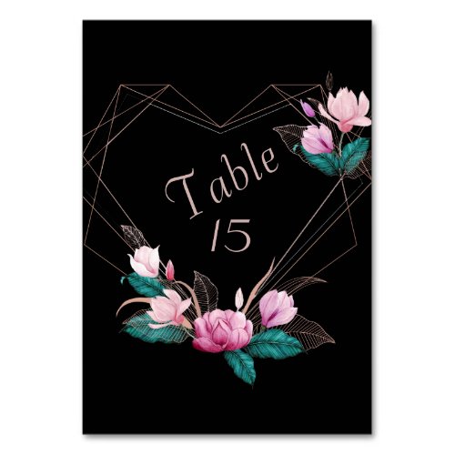 Wedding PartyPink Floral Geometric Frame Black Table Number