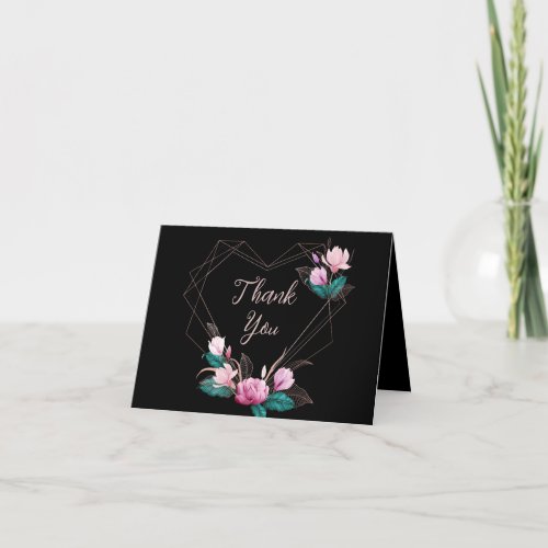 Wedding PartyPink Floral Geometric Frame Black Thank You Card