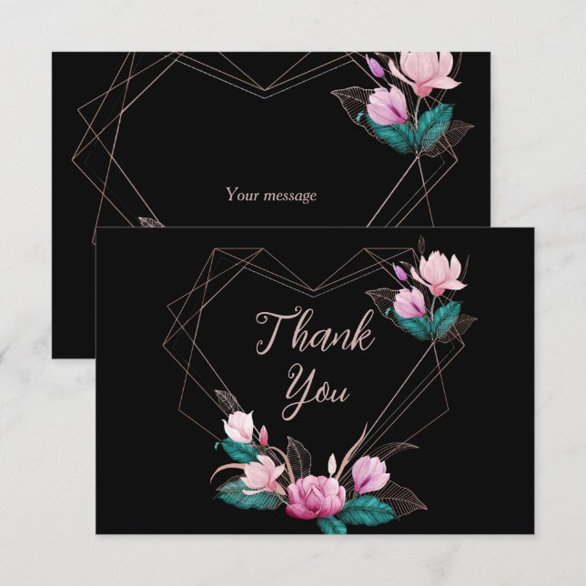 Wedding Party Pink Floral Geometric Frame Black Thank You Card (Front/Back)