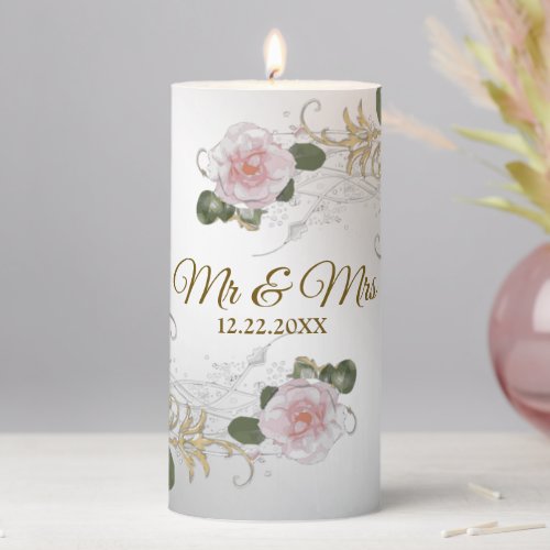 Wedding Party Pink Floral Silver Gray Elegant Pillar Candle