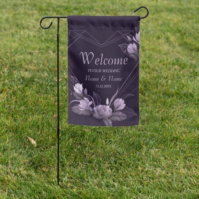 Wedding Party Pink Floral Violet Geometric Frame Garden Flag (In SItu)