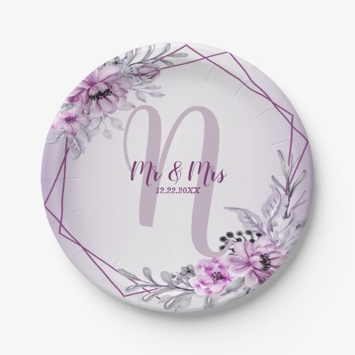 Wedding Party Pink Floral Violet Purple Frame Paper Plates