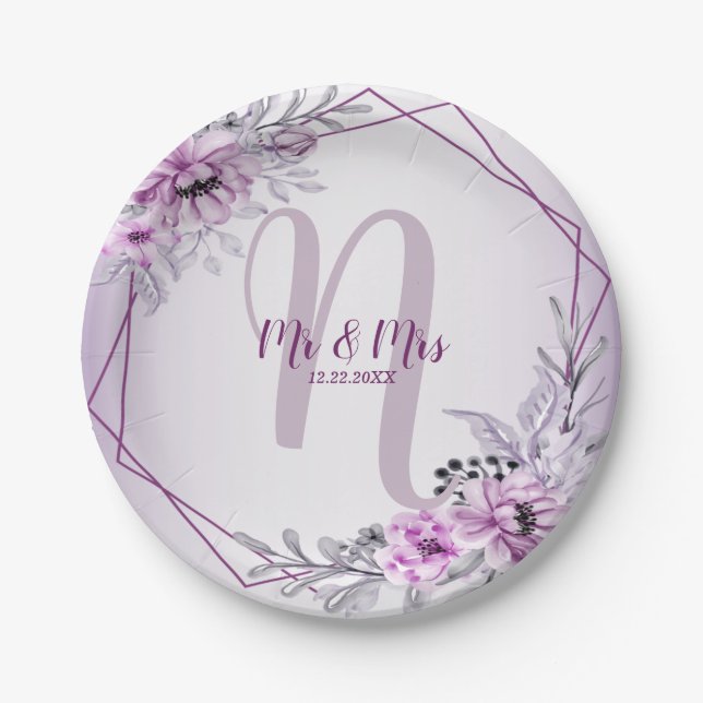 Wedding Party Pink Floral Violet Purple Frame Paper Plates (Front)