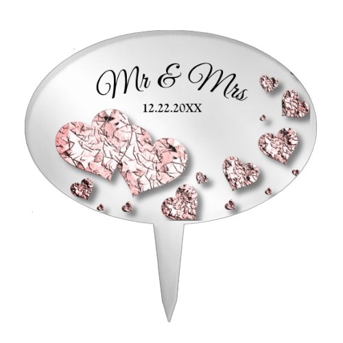 Wedding Party Pink Peach Shiny Hearts Geometric Cake Topper