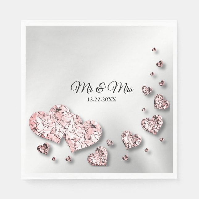 Wedding Party Pink Peach Shiny Hearts Geometric Napkins (Front)