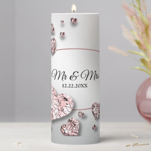 Wedding Party Pink Peach Shiny Hearts Geometric Pillar Candle