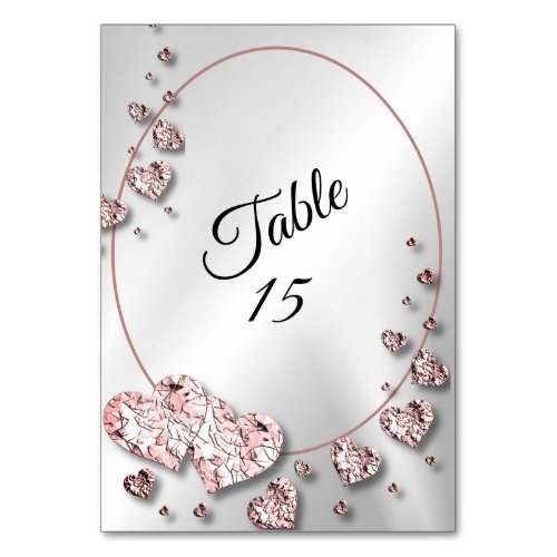 Wedding Party Pink Peach Shiny Hearts Geometric Table Number