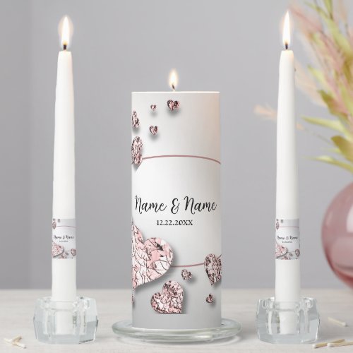 Wedding Party Pink Peach Shiny Hearts Geometric Unity Candle Set