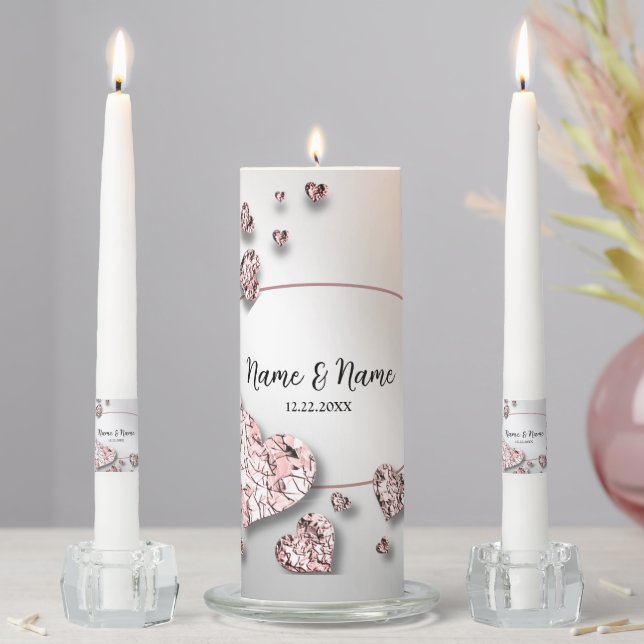 Wedding Party Pink Peach Shiny Hearts Geometric Unity Candle Set (In Situ)