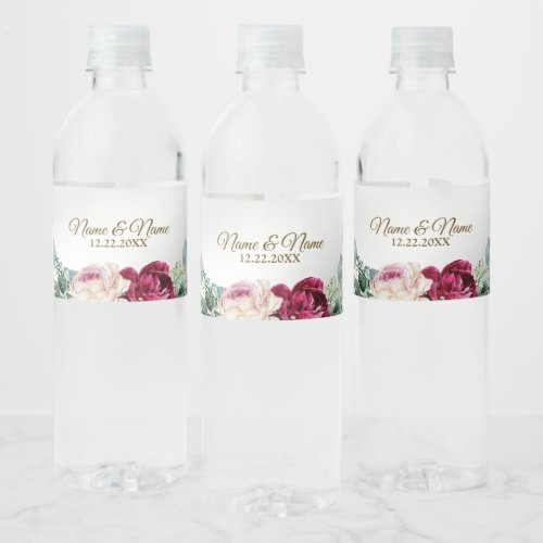 Wedding PartyPink Red Floral Greenery Gold Silver Water Bottle Label