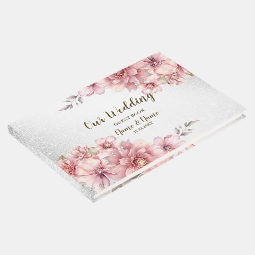 Wedding Party Pink Watercolor Flower Shiny Glitter Guest Book
