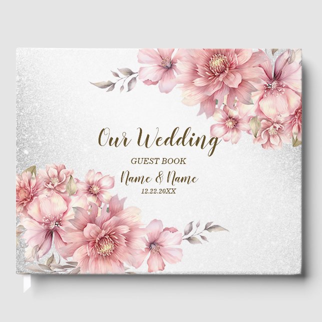 Wedding Party Pink Watercolor Flower Shiny Glitter Guest Book (Front)