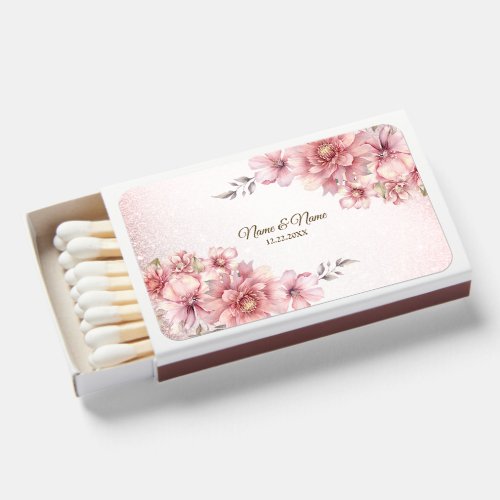 Wedding Party Pink Watercolor Flower Shiny Glitter Matchboxes