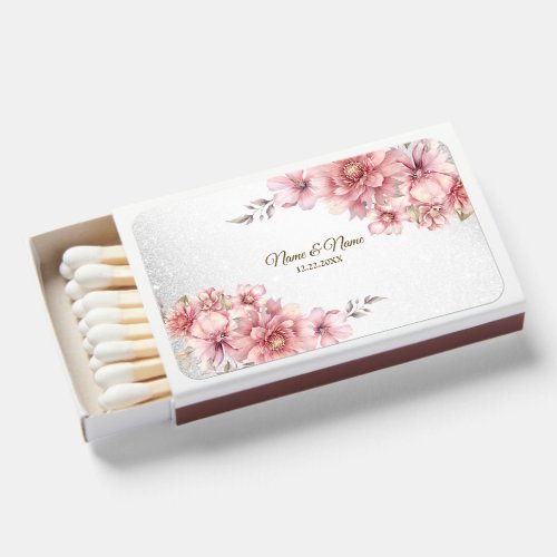 Wedding Party Pink Watercolor Flower Shiny Glitter Matchboxes