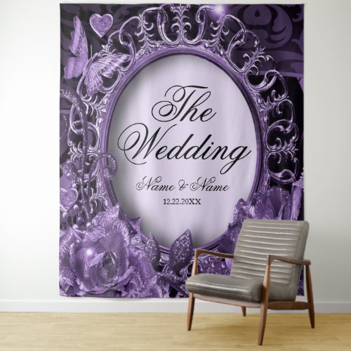 Wedding Party Purple Floral Frame Elegant Modern Tapestry