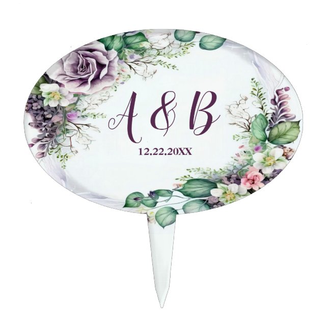 Wedding Party Purple Floral Green Foliage Rustic Cake Topper (Front)