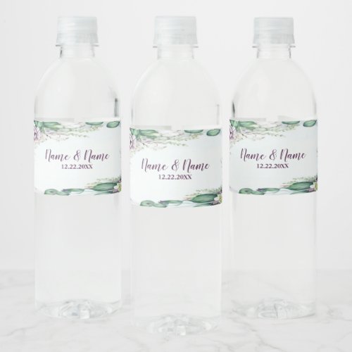 Wedding Party Purple Floral Green Foliage Rustic Water Bottle Label