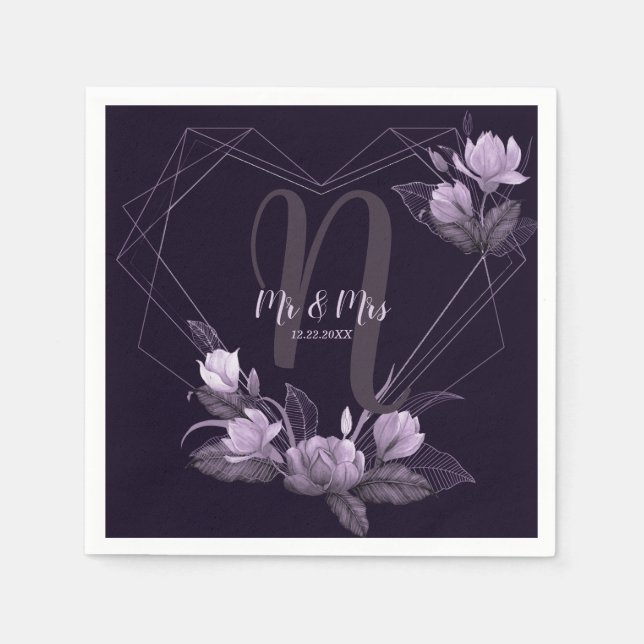 Wedding Party Purple Floral Violet Geometric Frame Napkins (Front)