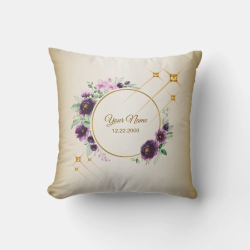 Wedding Party Purple Pink Floral Green Golden Throw Pillow