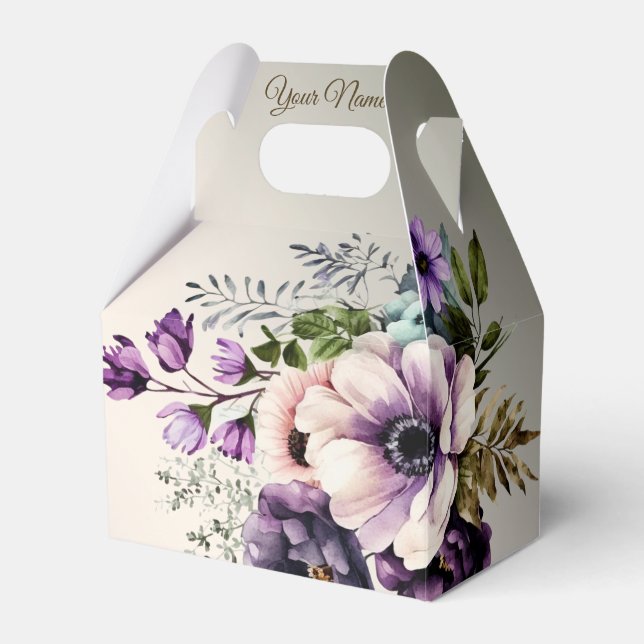 Wedding Party Purple Pink Flowers Golden Elegant Favor Boxes (Front Side)