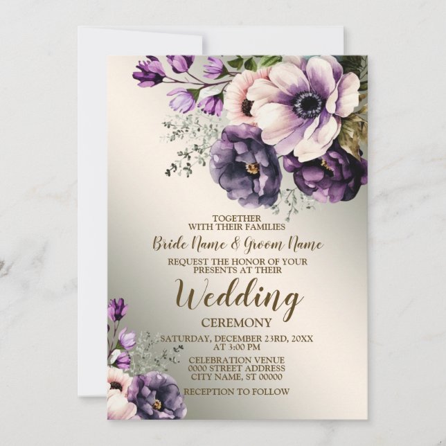 Wedding Party Purple Pink Flowers Golden Elegant Invitation (Front)