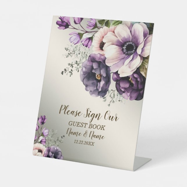 Wedding Party Purple Pink Flowers Golden Elegant Pedestal Sign (Front)